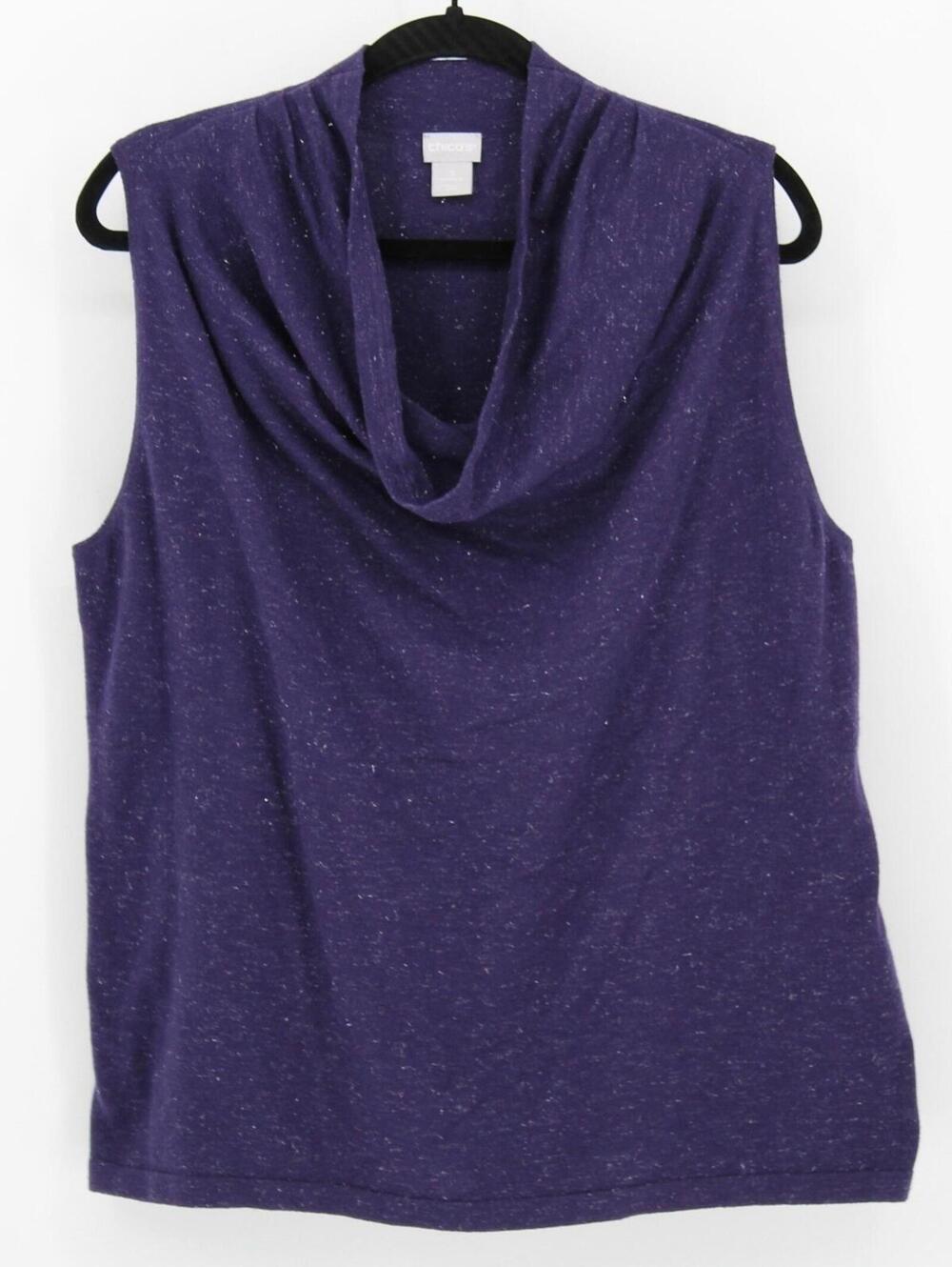 Chicos XL Purple Shimmer Cowl Neck Sleeveless Sweater Knit Top Cashmere Blend